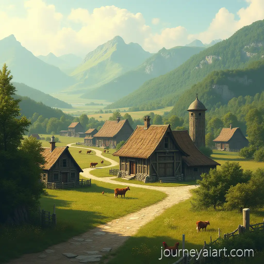 Medieval-Fantasy-Farm-with-Rolling-HillsMedieval-Fantasy-Farm-Prompt-and-Livestock-at-Sunrise