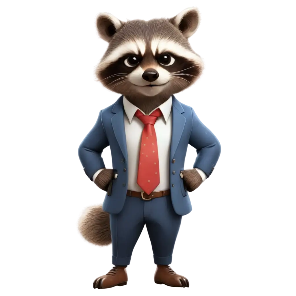 Muscular rich cartoon raccoon in clothes