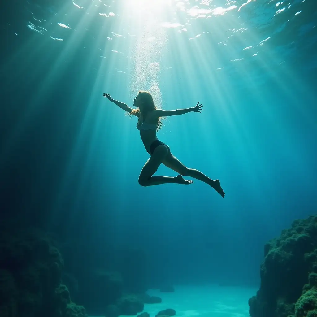 A graceful woman swimming in the bright underwater world