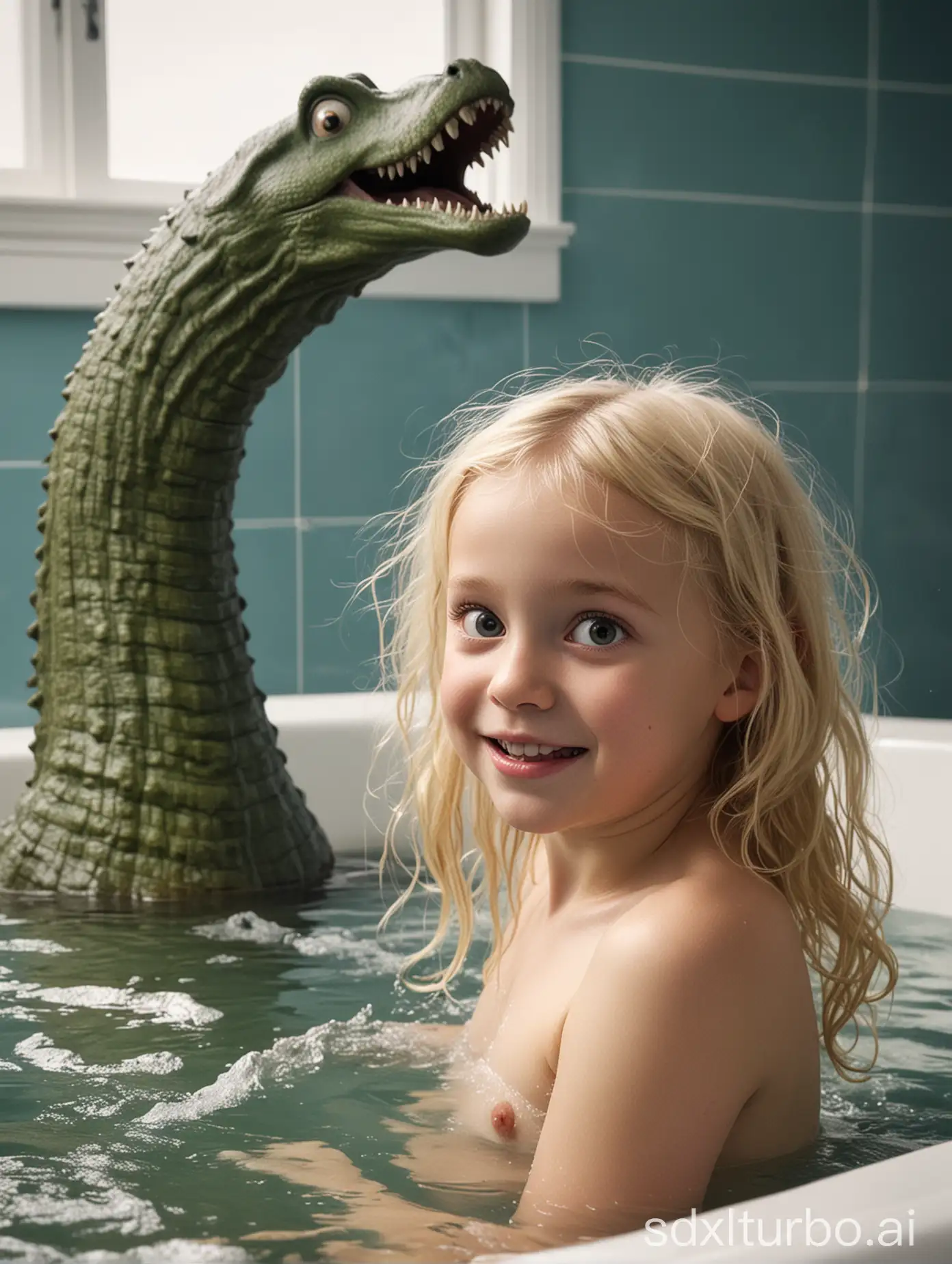 Curious-Encounter-Little-Blonde-Girl-Bathing-with-the-Loch-Ness-Monster