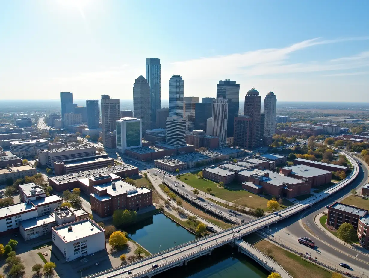 rial view of downtown Omaha Nebraska, USA