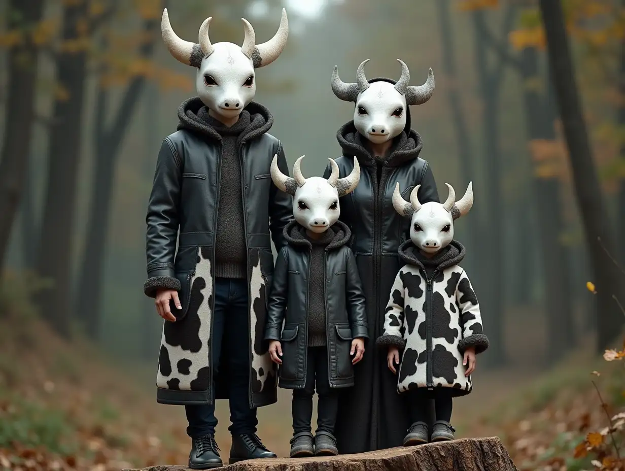 AI-fantasy family, man, woman, and children, with ARMADILLO face and black-and-white leather coat with cow pattern standing on a stump in 4k