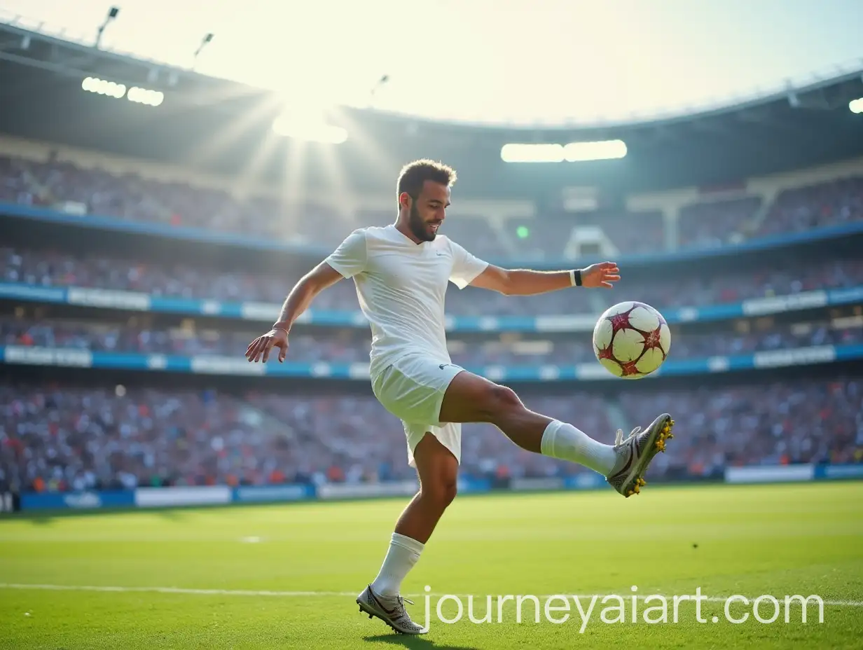 Soccer-Player-Kicking-Ball-in-MidAir-at-Santiago-Bernabeu-Stadium