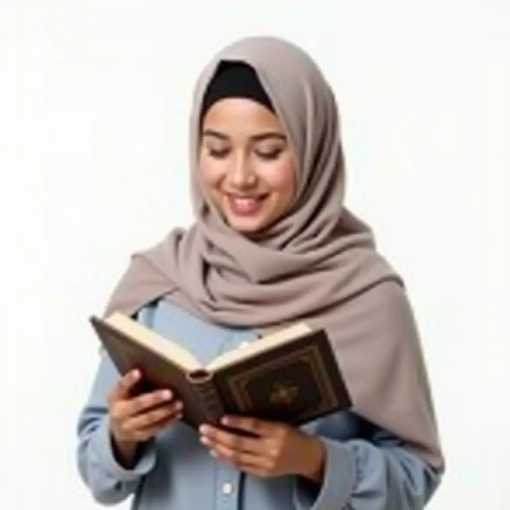 Asian-Woman-in-Hijab-Reading-Quran-with-White-Background