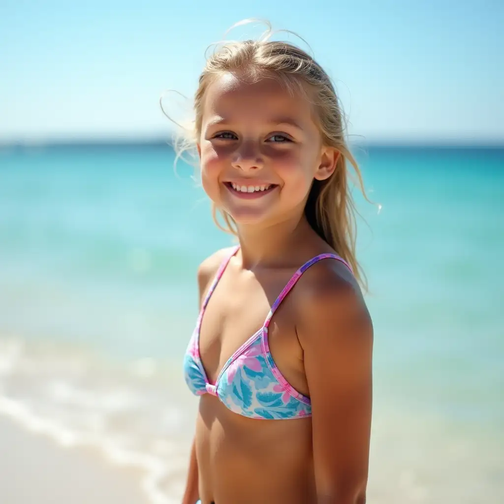 Smiling-Young-Girl-in-Swimwear-Enjoying-the-Beach-with-Ocean-View