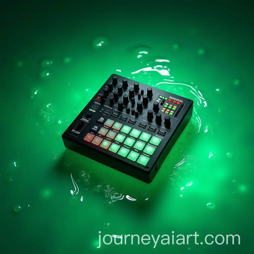 Birds-Eye-View-of-an-AKAI-Controller-Floating-in-Glowing-Green-Liquid