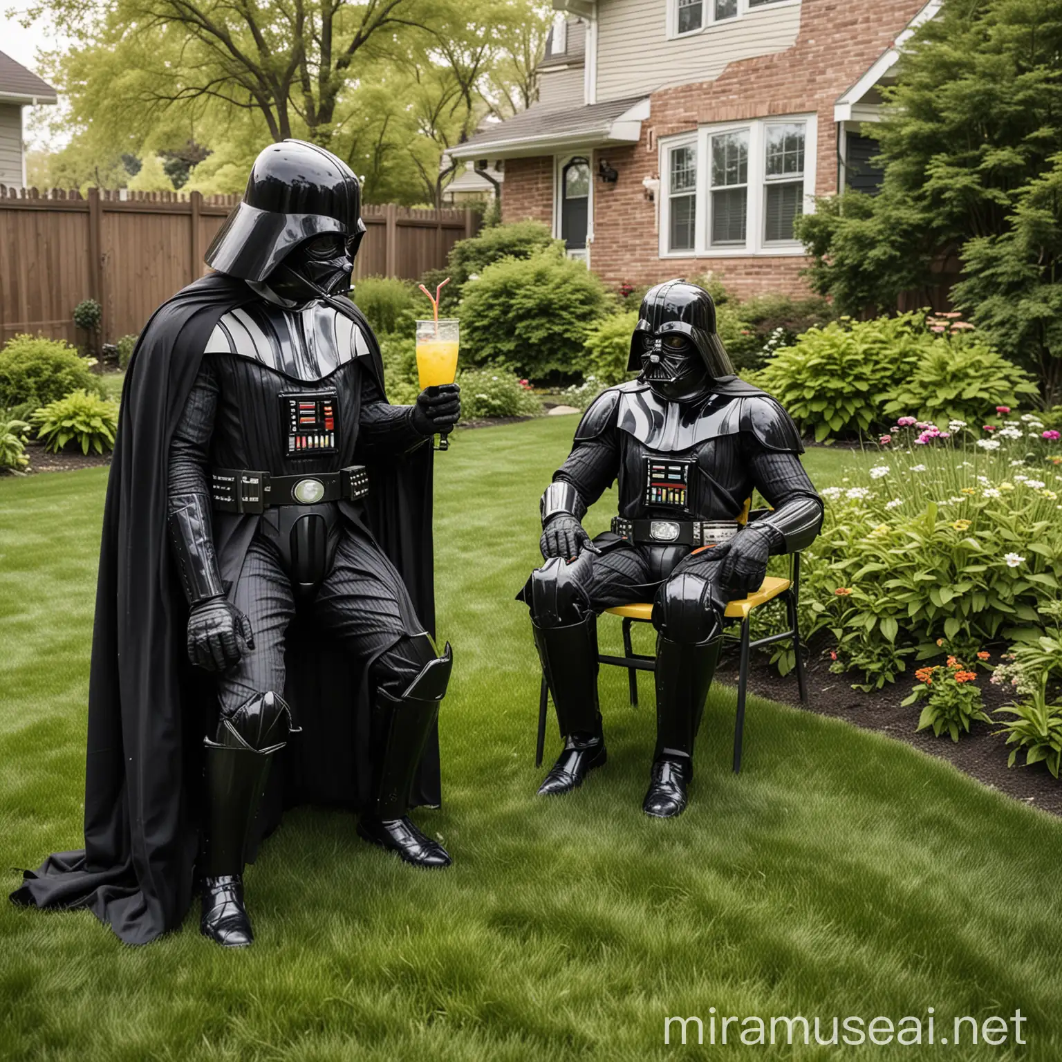 Darth Vader Relaxing with Lemonade as Alien Mows Suburban Chicago Lawn