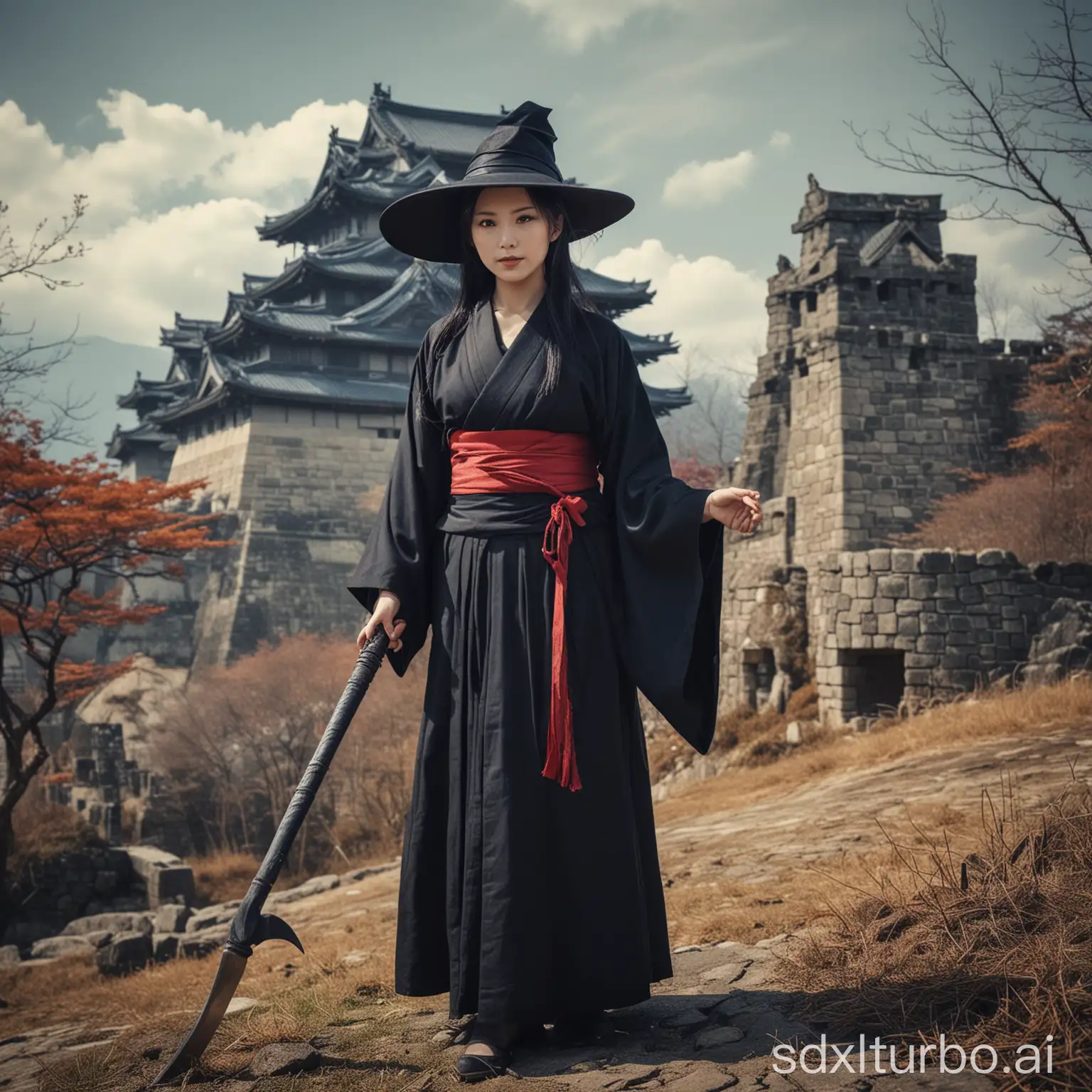 Japanese woman, witch, scythe, background is Atsuta castle