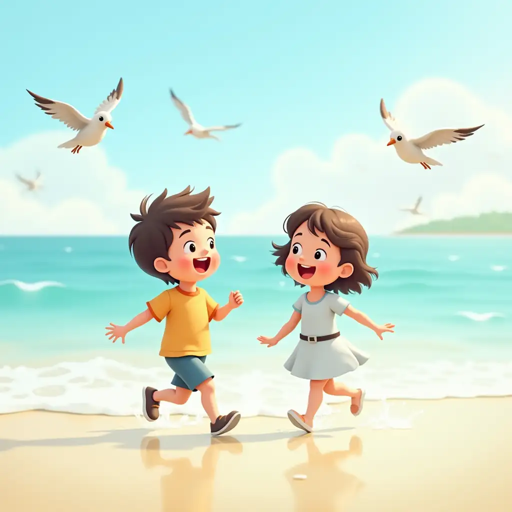 10-15 second happy VR animation. Children running towards the sea, water splashing on their feet, birds flying above. Soothing sound effects of bird chirping. Softly drawn, lively colored characters and animations.