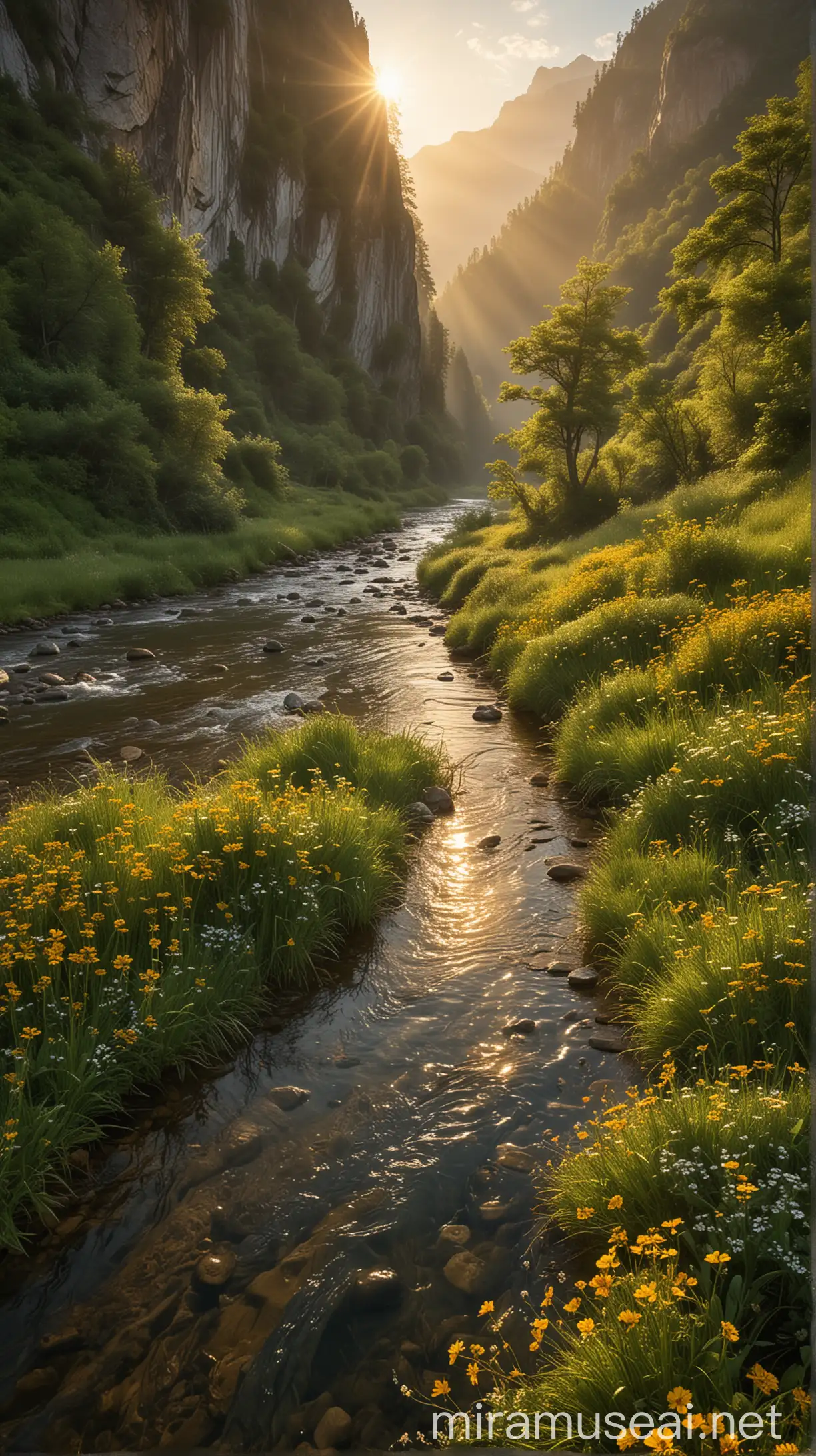 Golden Mountain Rising from Crystal Clear River at Dawn