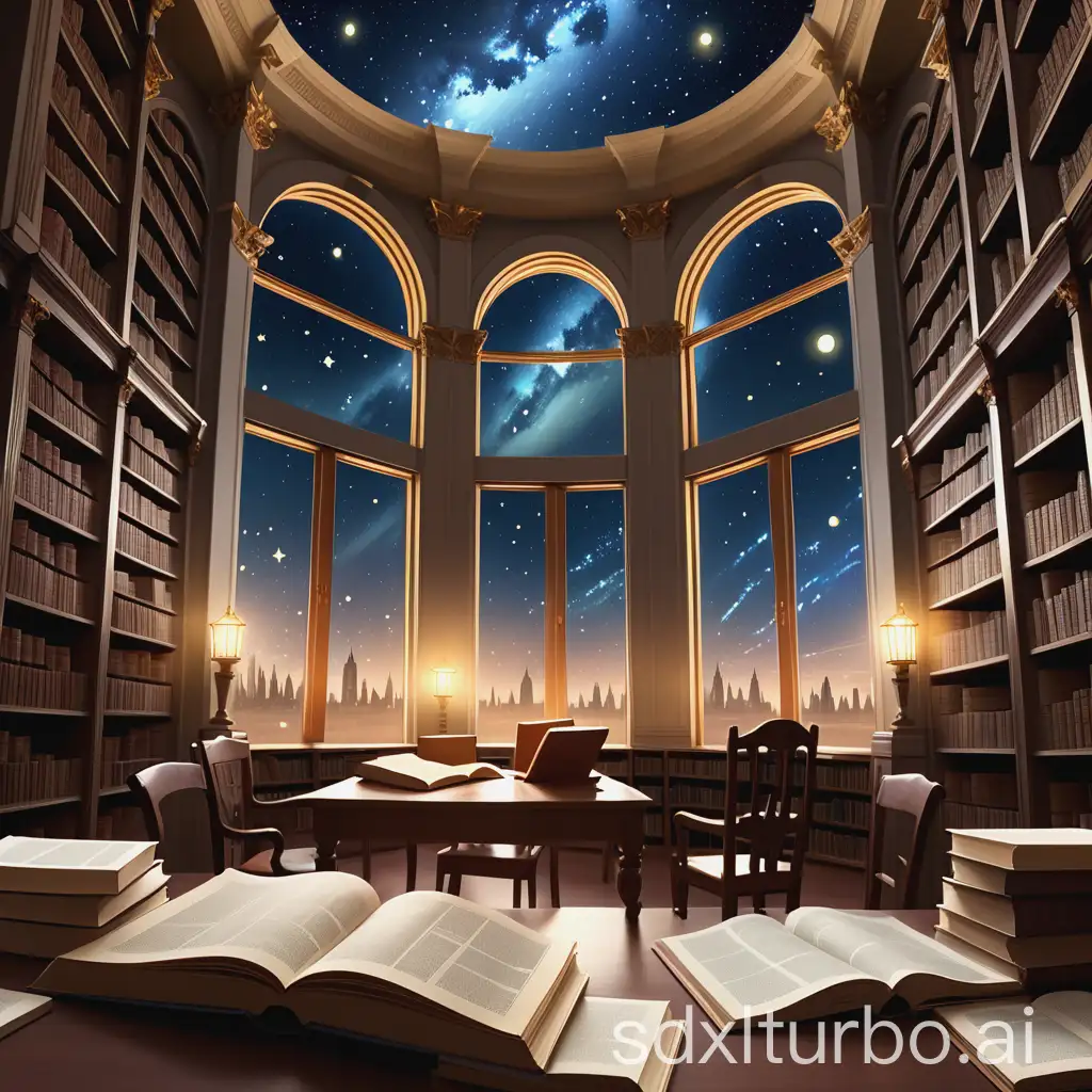 whole scene layout background: starry sky symbolizes the boundless knowledge. The stars twinkle, creating a mysterious and profound atmosphere, indicating that there are endless exploration spaces in the world of books. Foreground main body: draw a building made up of piles of various books, the covers of which can display classic masterpieces, science fiction novels, historical documents, etc., symbolizing the rich and unique resources of the library. The windows of the building let out warm light, indicating the light of knowledge.