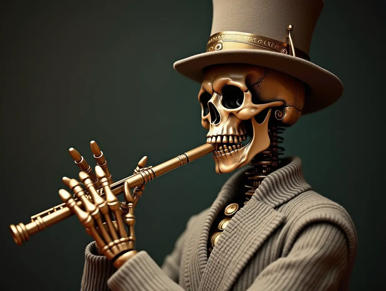 Create a high-resolution, realistic image of a robot with a skeleton body, golden porcelain hands and head, a sweater, a Steampunk top hat and a flute in 4K resolution (Steampunk 8K quality)