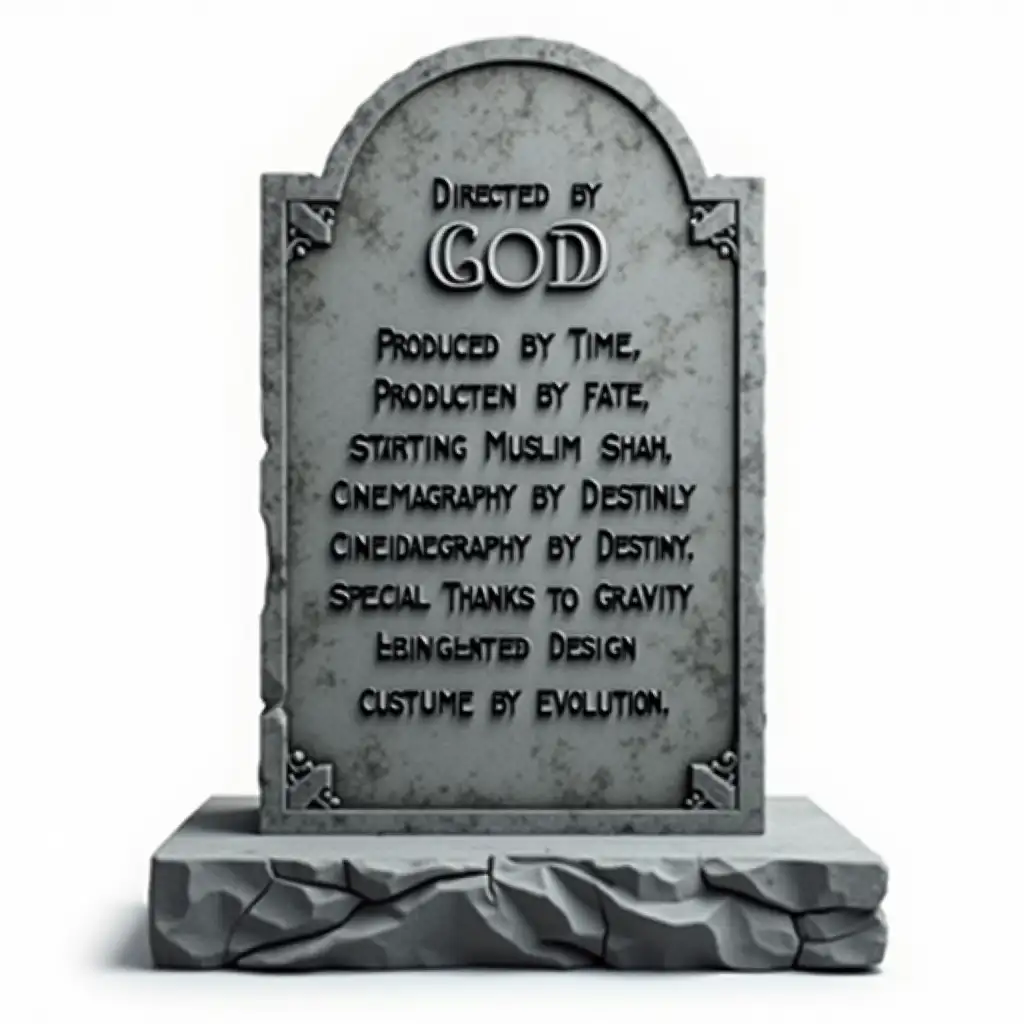 "Create a hyper-realistic image of a tombstone featuring an engraved end movie credits screen. The text is deeply carved into the stone in a classic rolling credits format. At the top, it prominently says 'Directed by God,' followed by:

'Produced by Time'

'Written by Fate'

'Starring Muslim Shah'

'Cinematography by Destiny'

'Edited by Circumstance'

'Special Thanks to Gravity'

'Costume Design by Evolution'

The tombstone has a realistic, weathered stone texture with visible cracks and aged details. The carved text is perfectly aligned, mimicking the credits of a film. The background is plain white to keep the focus on the surreal and cinematic concept."

