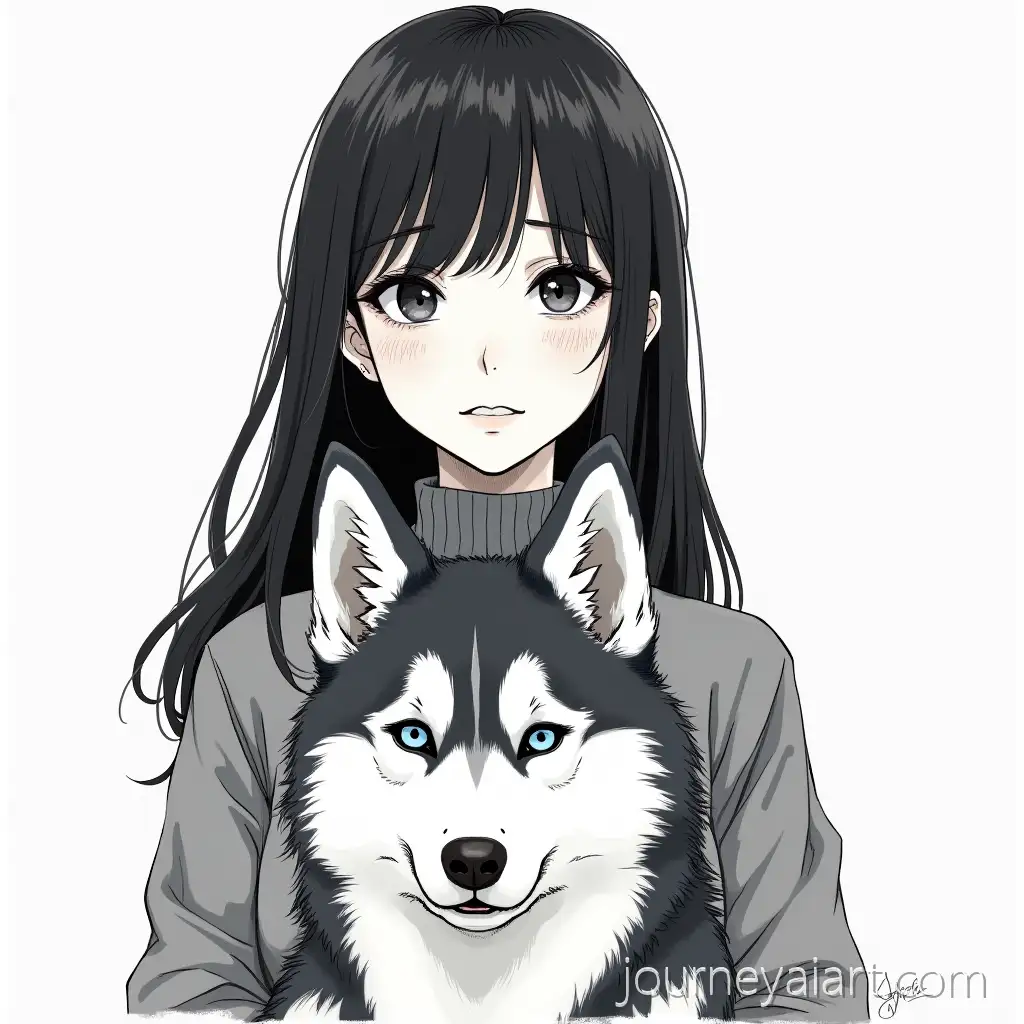 Young-Woman-with-Siberian-Husky-in-Korean-Manga-StyleKhaled-Hosseini-Characters-Illustration-HandDrawn-Sketch