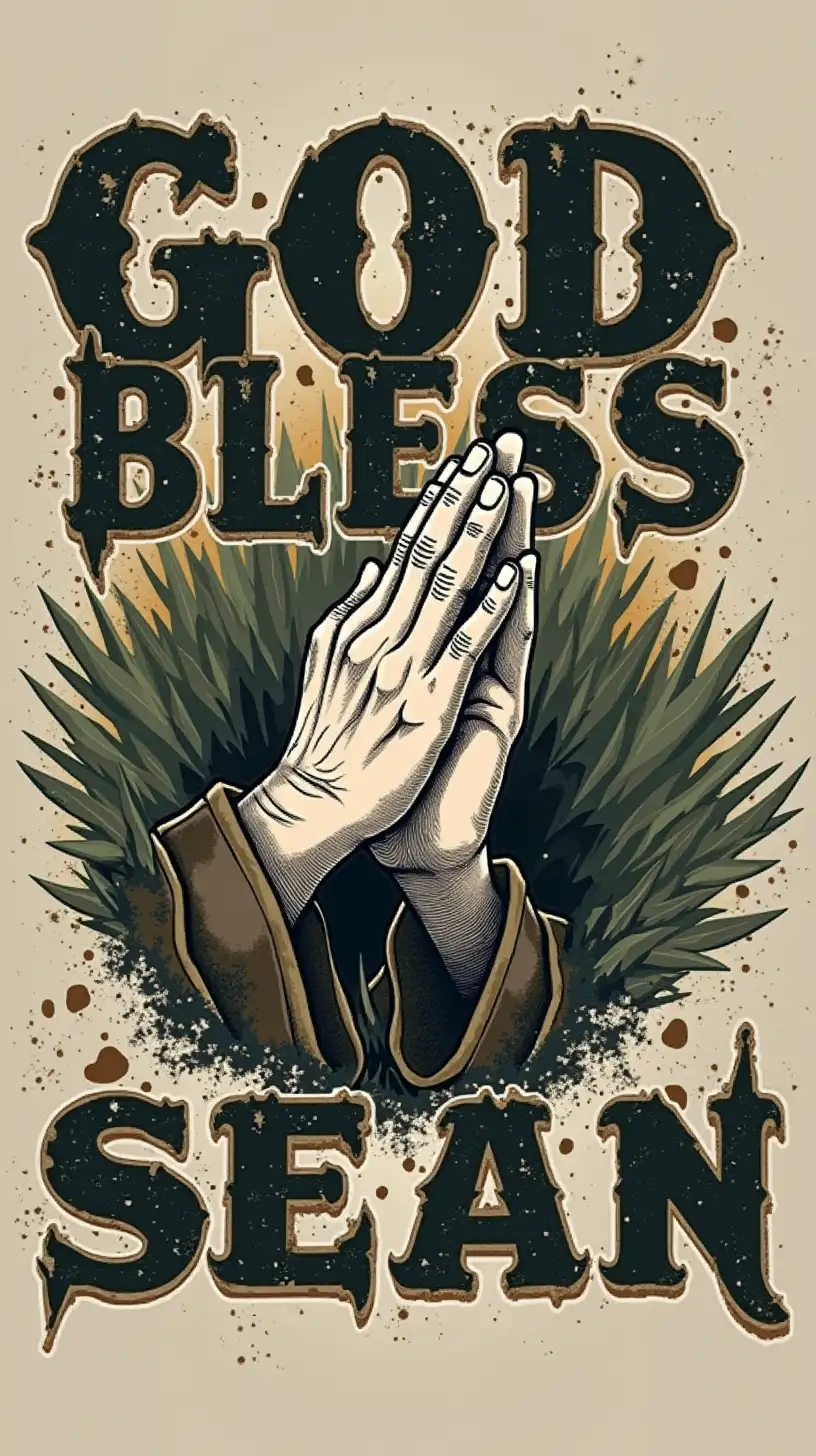 Graphic tee design with the words God Bless Sean with praying hand in the center in camouflage colors