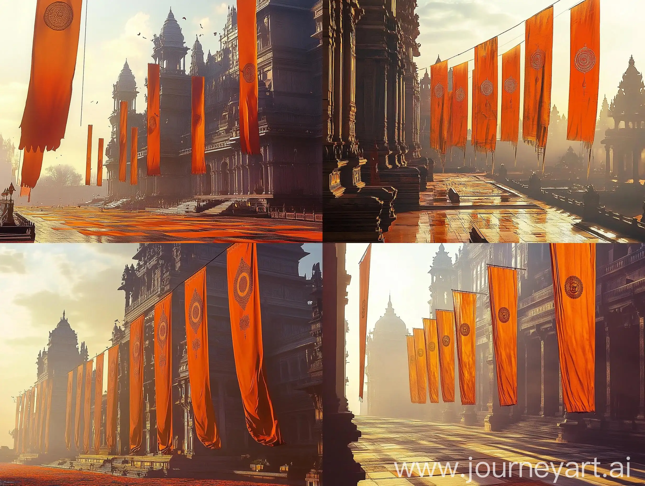 Saffron-Hindu-Temple-with-Vertical-Banners-and-Flags