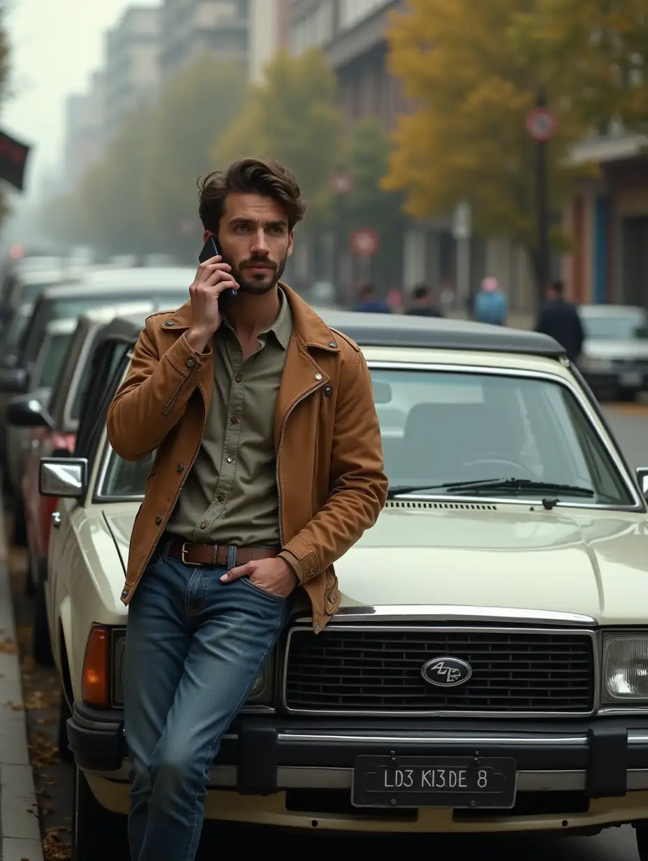 create an image of a person talking on the phone while leaning his back against an old Japanese car. The person should look relaxed and confident, and the car should be truly vintage with characteristic design features from the 80s. There can be an urban landscape or cozy street around to emphasize the atmosphere.