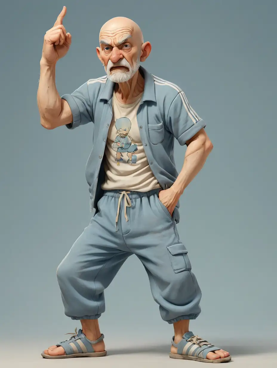 character sheet chibified bald old man, a worn dirty T-shirt, old sagging pale blue adidas tracksuit pants, sandals on bare feet, He shakes his fist