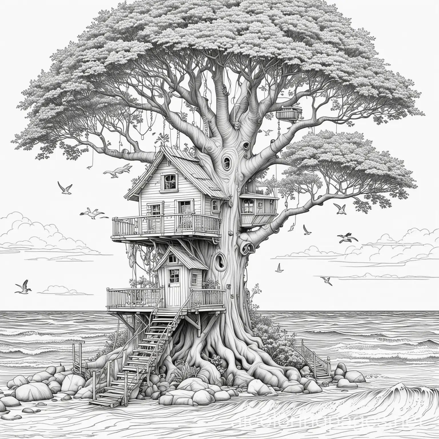 tree house by the sea, Coloring Page, black and white, line art, white background, Simplicity, Ample White Space. The background of the coloring page is plain white to make it easy for young children to color within the lines. The outlines of all the subjects are easy to distinguish, making it simple for kids to color without too much difficulty