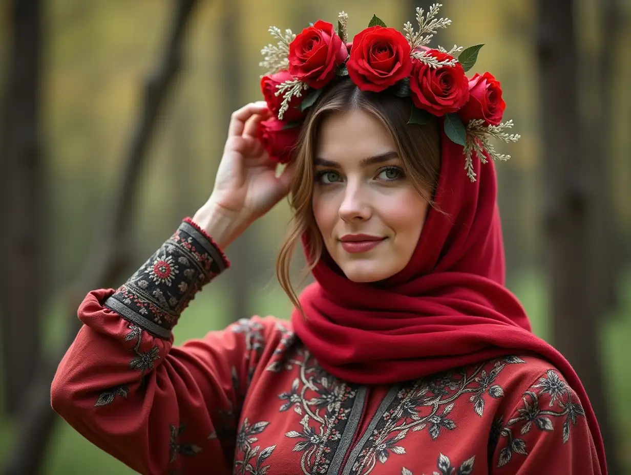 A beautiful woman with Russian traditions and puts a red headscarf adorned with flowers on her head