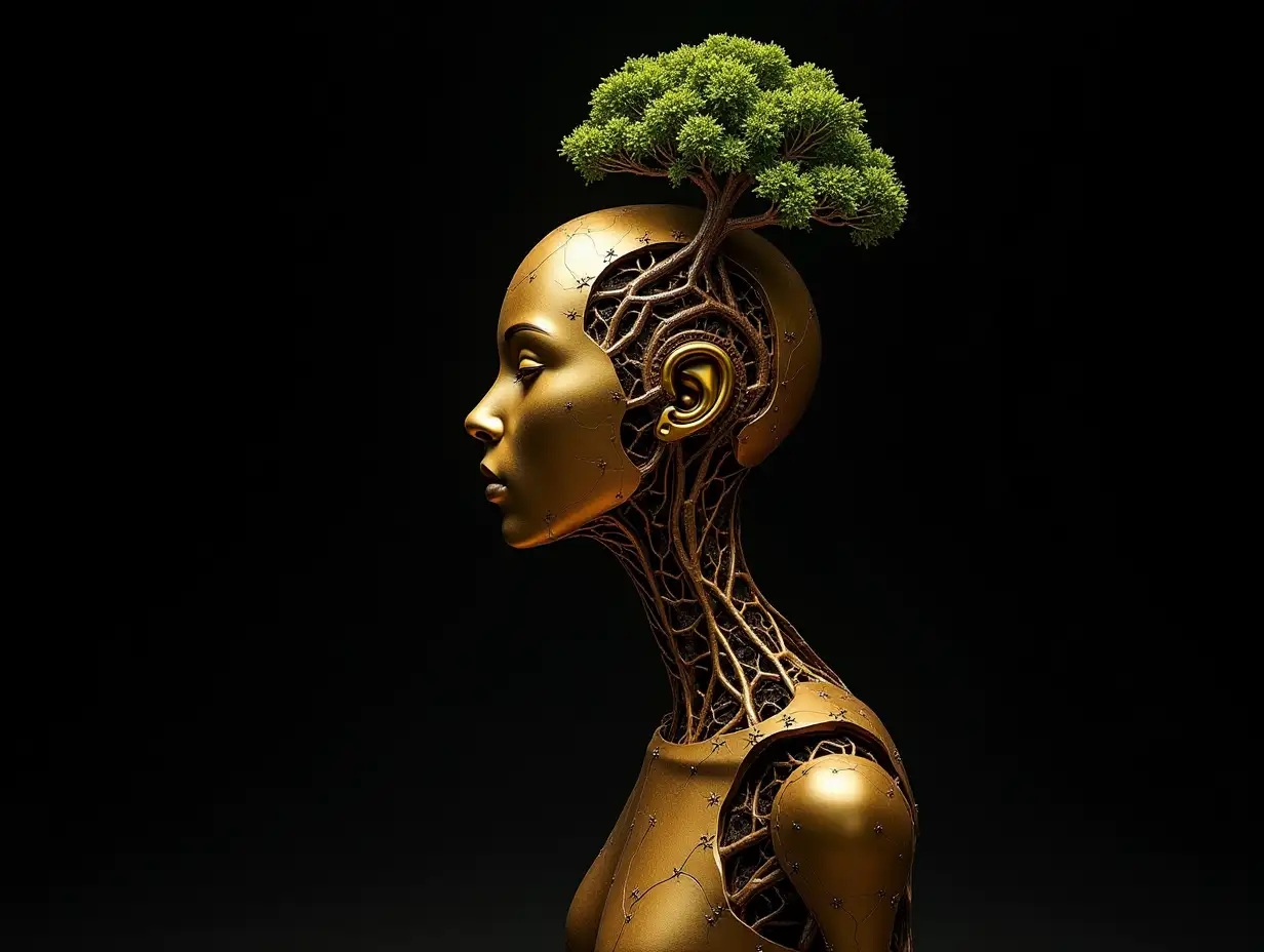 goldenem Complex-Horizon-Fractals humanoid robot with Complex-Horizon-Fractals body and Fracta-Bald with root on head, against black background