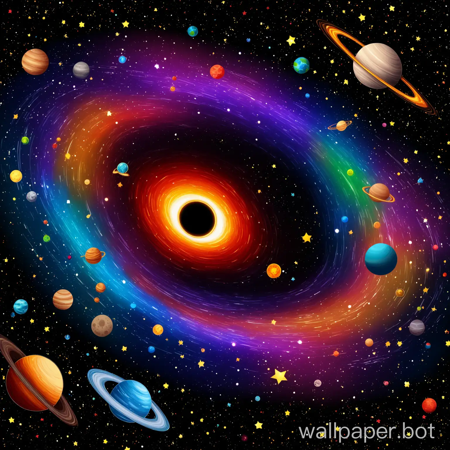 Black hole colorful with Stars and planets around it
