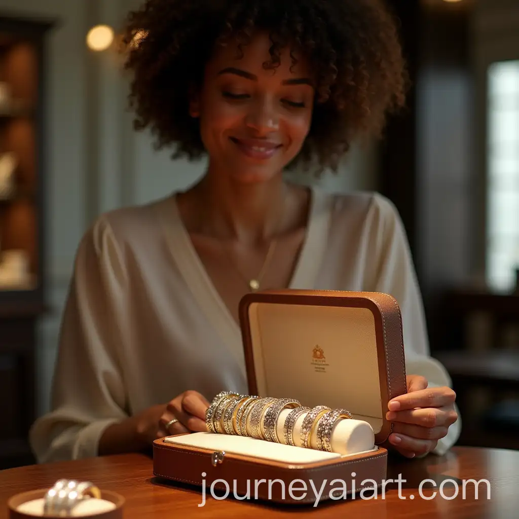 Mixed-Race-Woman-Admiring-Luxury-Silver-and-Gold-Bracelets-in-Boutique