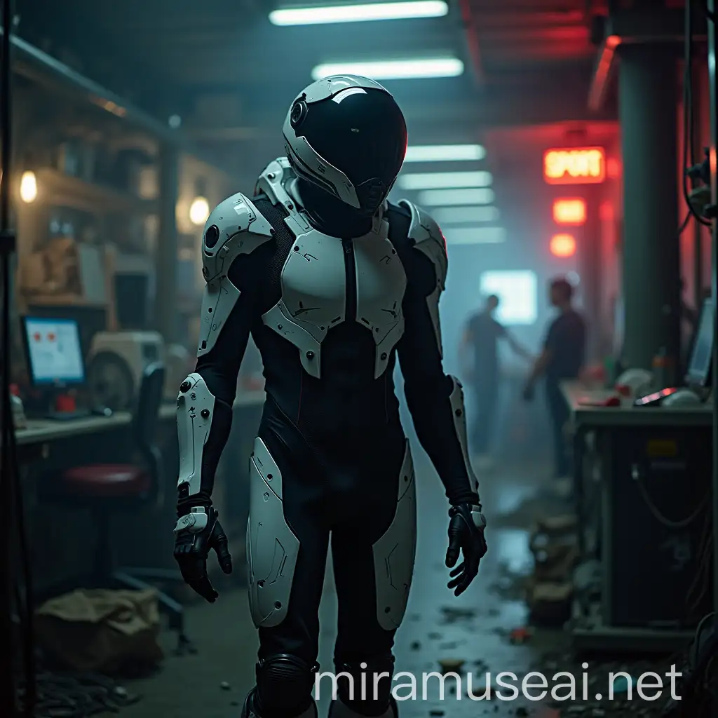 Futuristic Biker in Carbon Suit Undergoes Cybernetic Augmentation