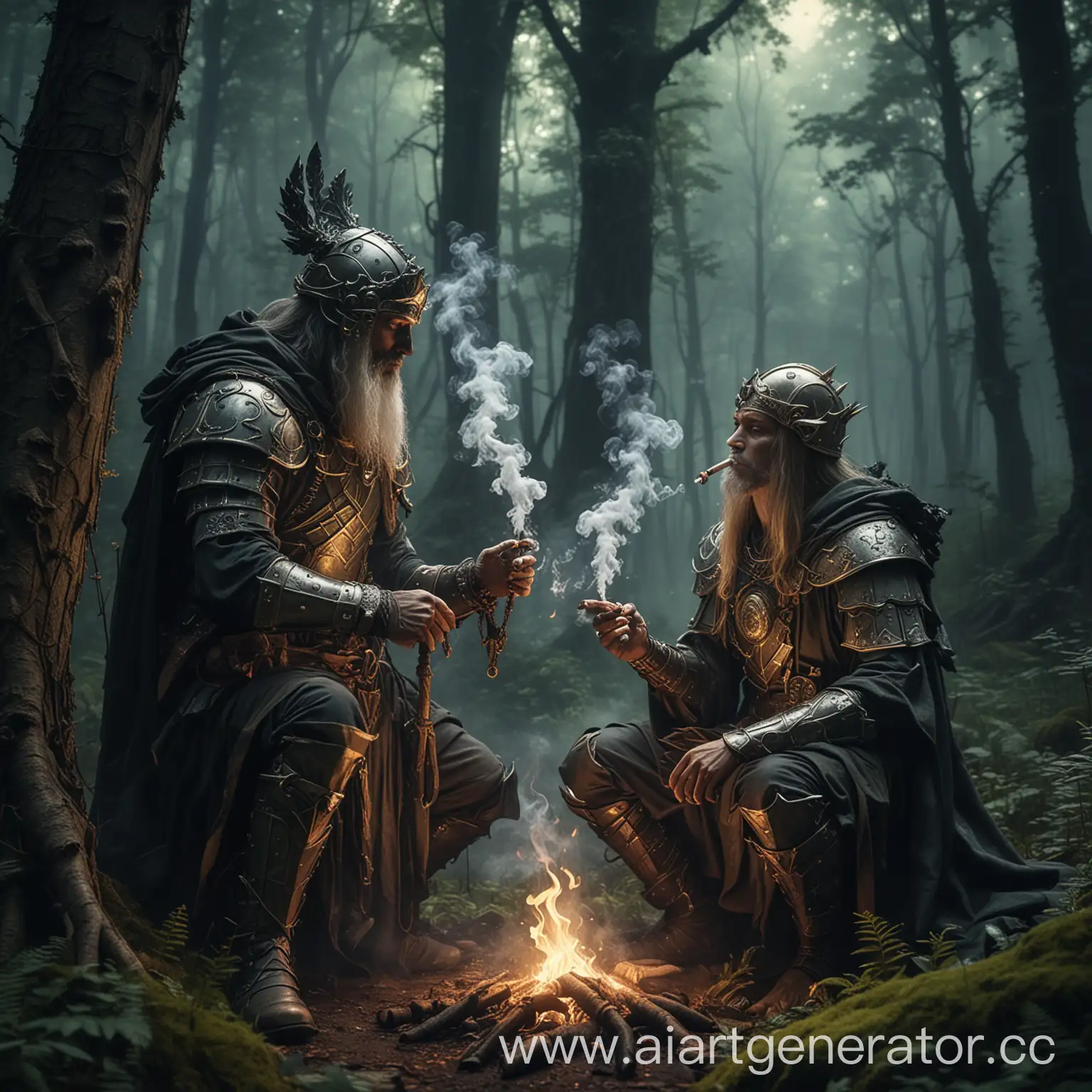 Druid-and-Paladin-Smoking-Blants-in-a-Dark-Fantasy-Forest