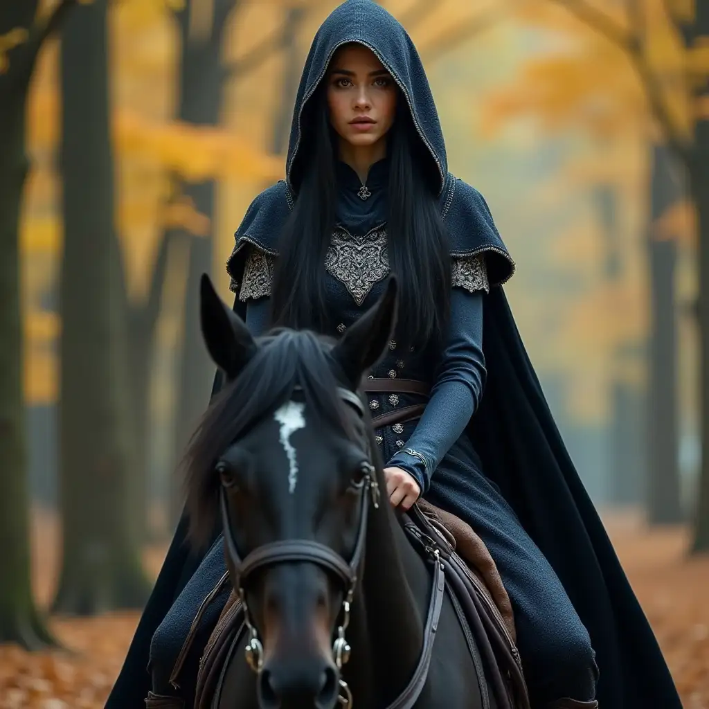 Young Female Elf Riding Black Horse in Autumn Forest