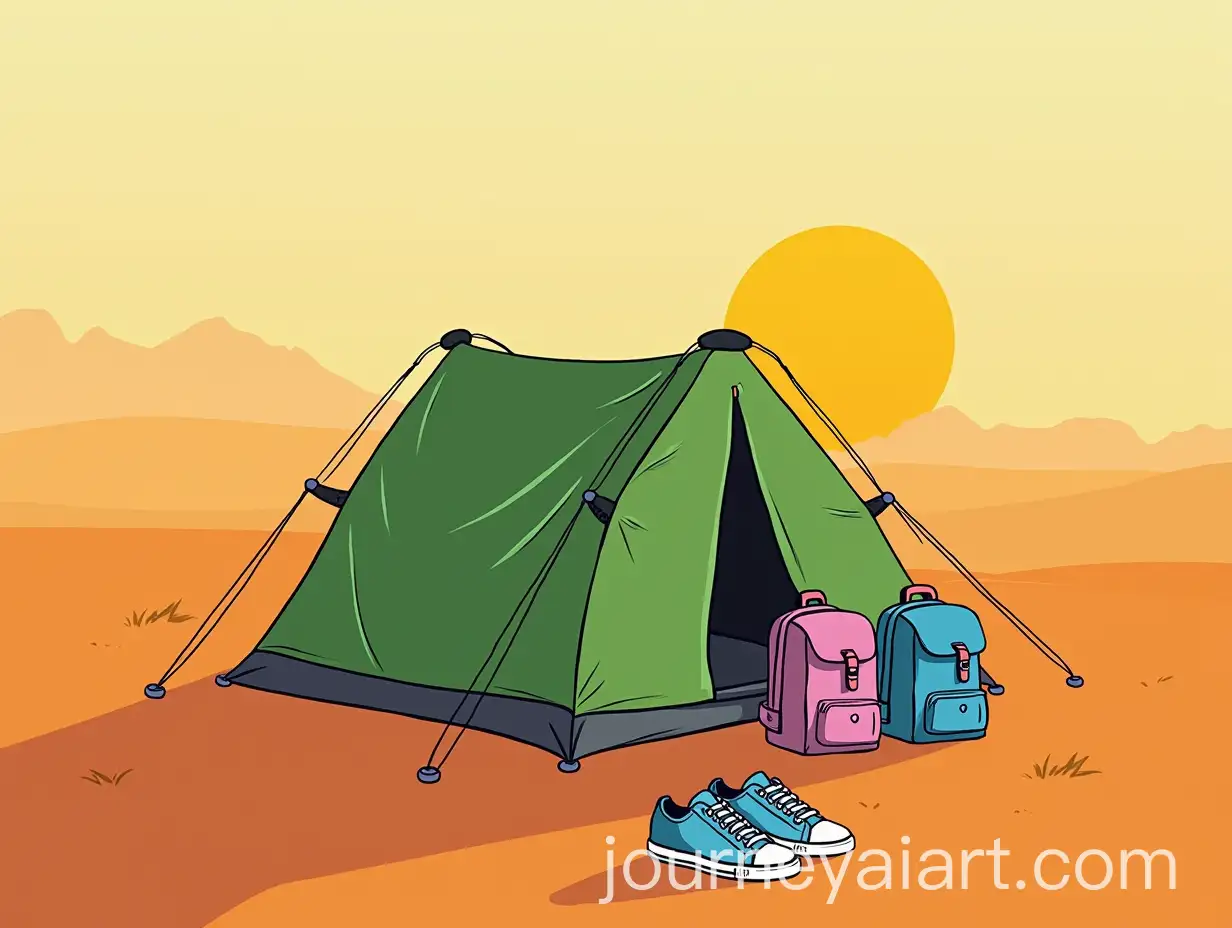 Green-Tent-in-Bright-Orange-Desert-with-Sunset-Backpacks-and-Sneakers