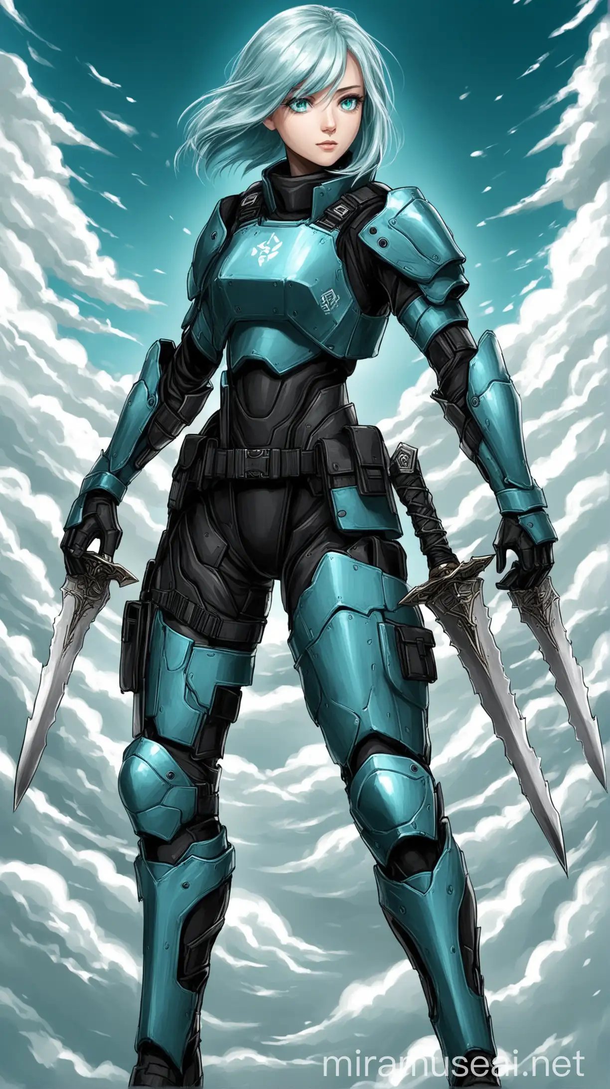 Fantasy Warrior with Teal Hair and Sky Blue Eyes in Tactical Armor