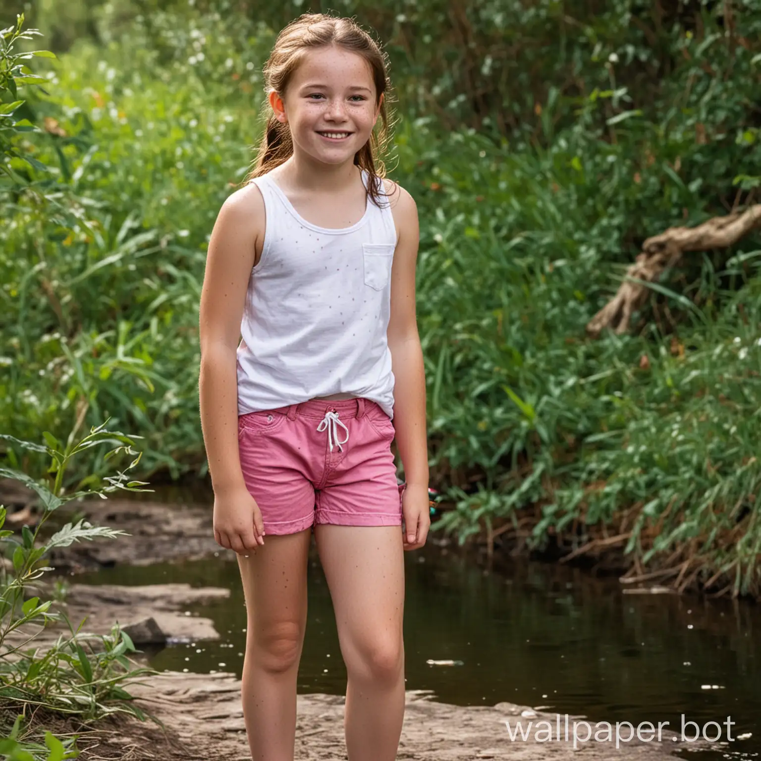 A young preteen girl wearing a white tank top and pink shorts, with a small smile on her freckled face, standing barefoot in a creak looking at nature.