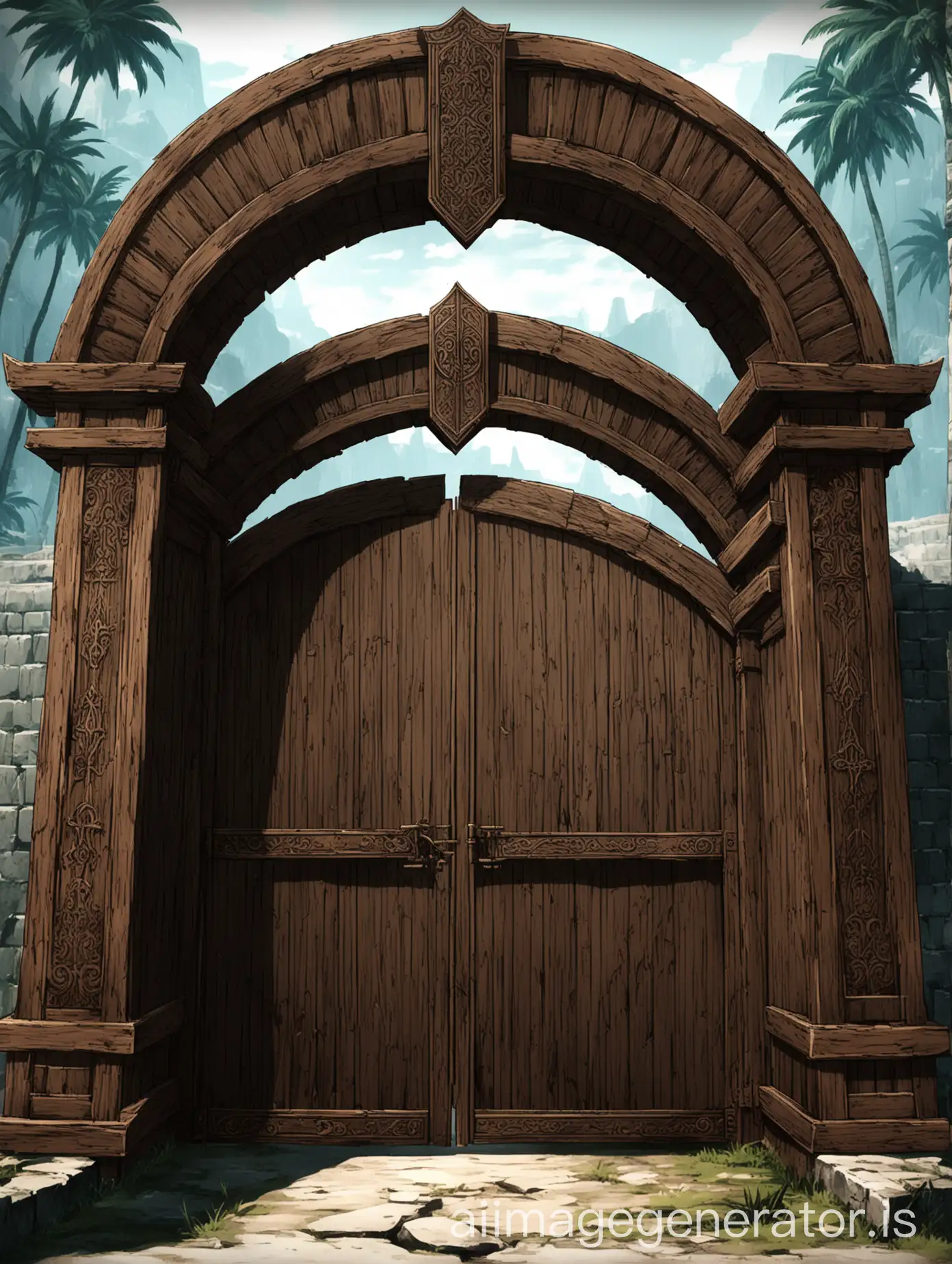 Ancient-Wooden-Arch-Gate-in-Closed-State-Assassins-Creed-Anime-Style