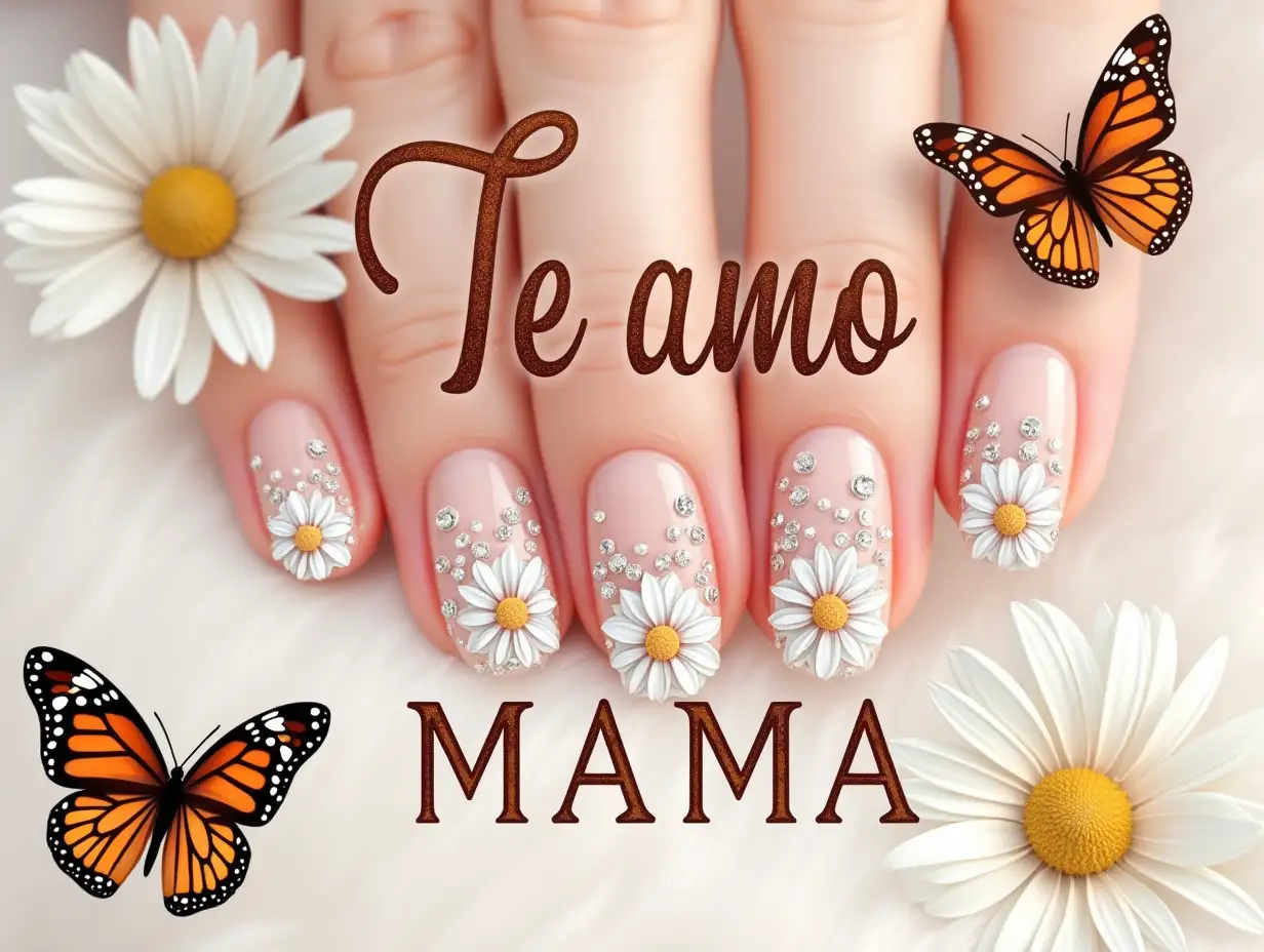 Watercolor art, Vector, vintage, seamless. Intricate close-up of elegantly manicured nails adorned with white and sparkling floral designs, featuring delicate daisies and shimmering rhinestones. The nails display a blend of soft pastel shades and glossy finishes. Butterflies with vivid orange and black patterns rest among the flowers, adding a whimsical touch. The background is subtly blurred, enhancing the vibrant colors and details of the nails and floral elements. The words 'Te amo MAMA' are artistically scripted in a bold, elegant font, creating a warm and loving atmosphere. Emphasize a hyperrealistic aesthetic to highlight intricate textures and soft lighting, with hints of white and gold tones.