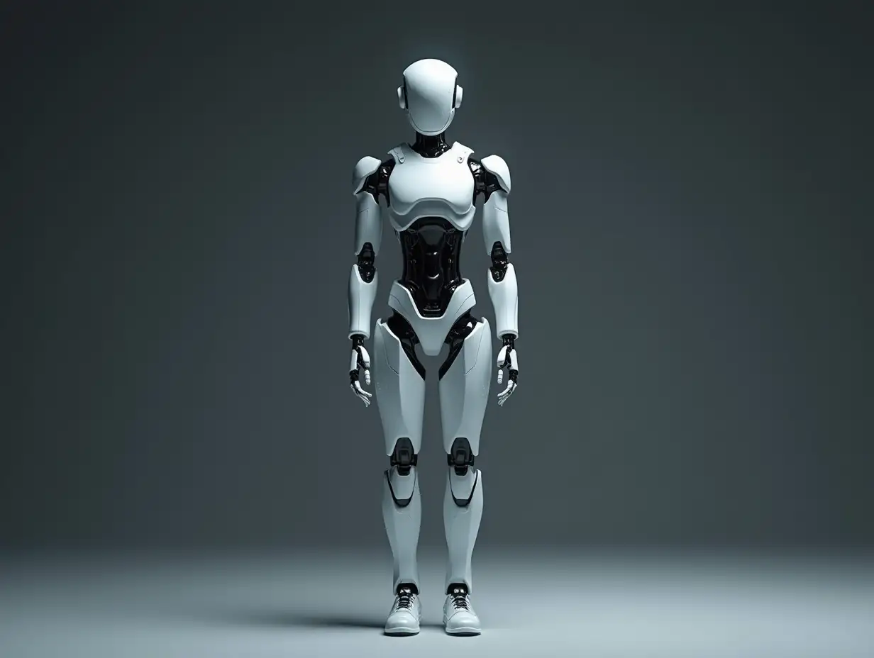 Create a high-resolution, realistic image of an artificial intelligence humanoid robot, two meters tall with arms and legs, on a photo studio floor at 4-k resolution