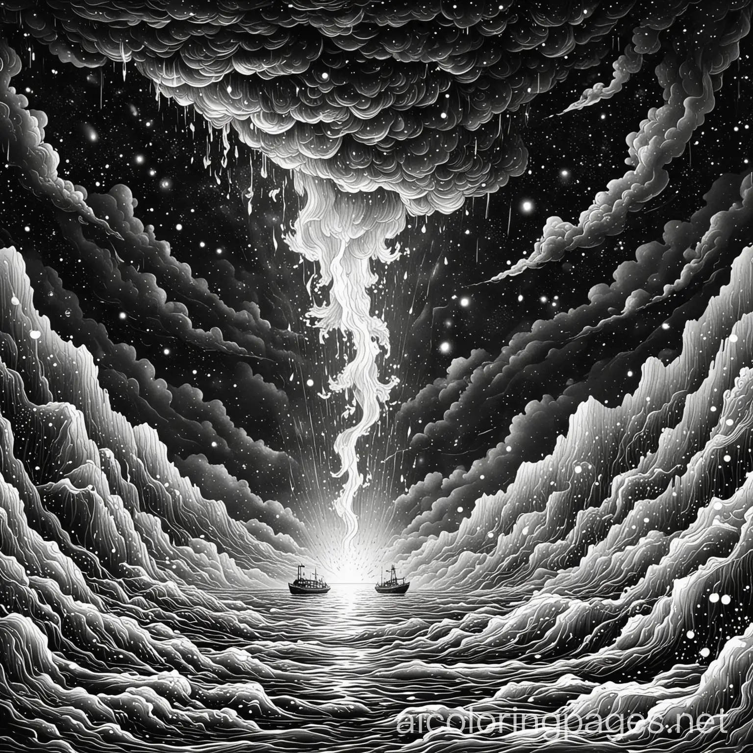 the fire of the stars underwater in the winter during a thunderstorm, Coloring Page, black and white, line art, white background, Simplicity, Ample White Space