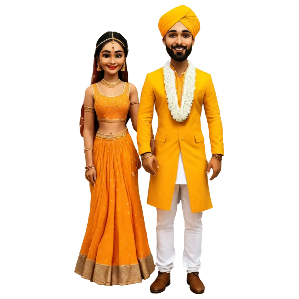 Stunning-Haldi-Ceremony-PNG-Caricature-Bride-and-Groom-Standing-Proud