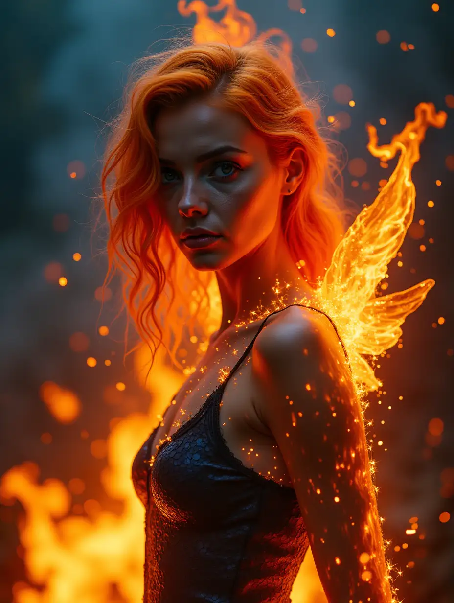 Portrait a beautiful young woman, as if made of fire, dark orange hair depicting fiery flames, a perfect figure, dinamic pose, Close-up, wings on the back, orange and blue flames, dark smoke in the background, fiery sparks everywhere, Diablo, lava, explosion of color, volumetric lighting, metallic reflections