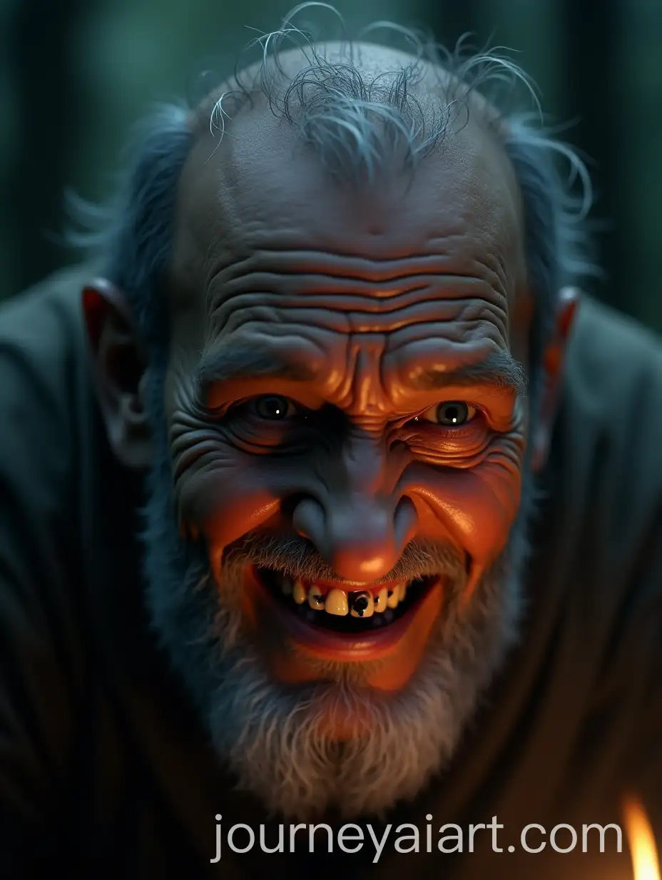 CloseUp-of-a-GrayHaired-Old-Man-in-a-Medieval-Forest-with-Campfire-Glare