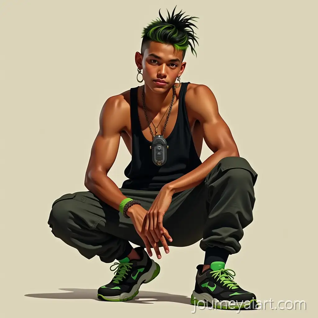 Crouching-Young-Man-in-Cyberpunk-Streetwear-with-Golden-Retriever-Energy