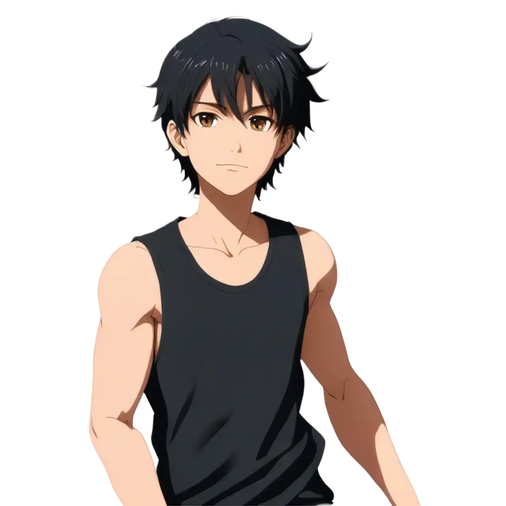 Anime-Male-Character-PNG-Black-Hair-Brown-Eyes-Sleeveless-Shirt-Black-Pants-Design