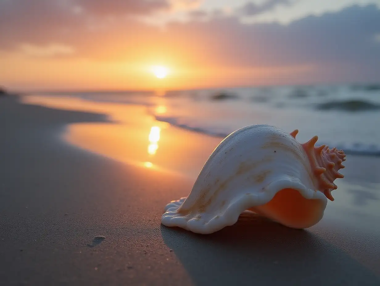 Serene-Beach-Sunset-with-Atlantic-Triton-Shell-on-the-Sand