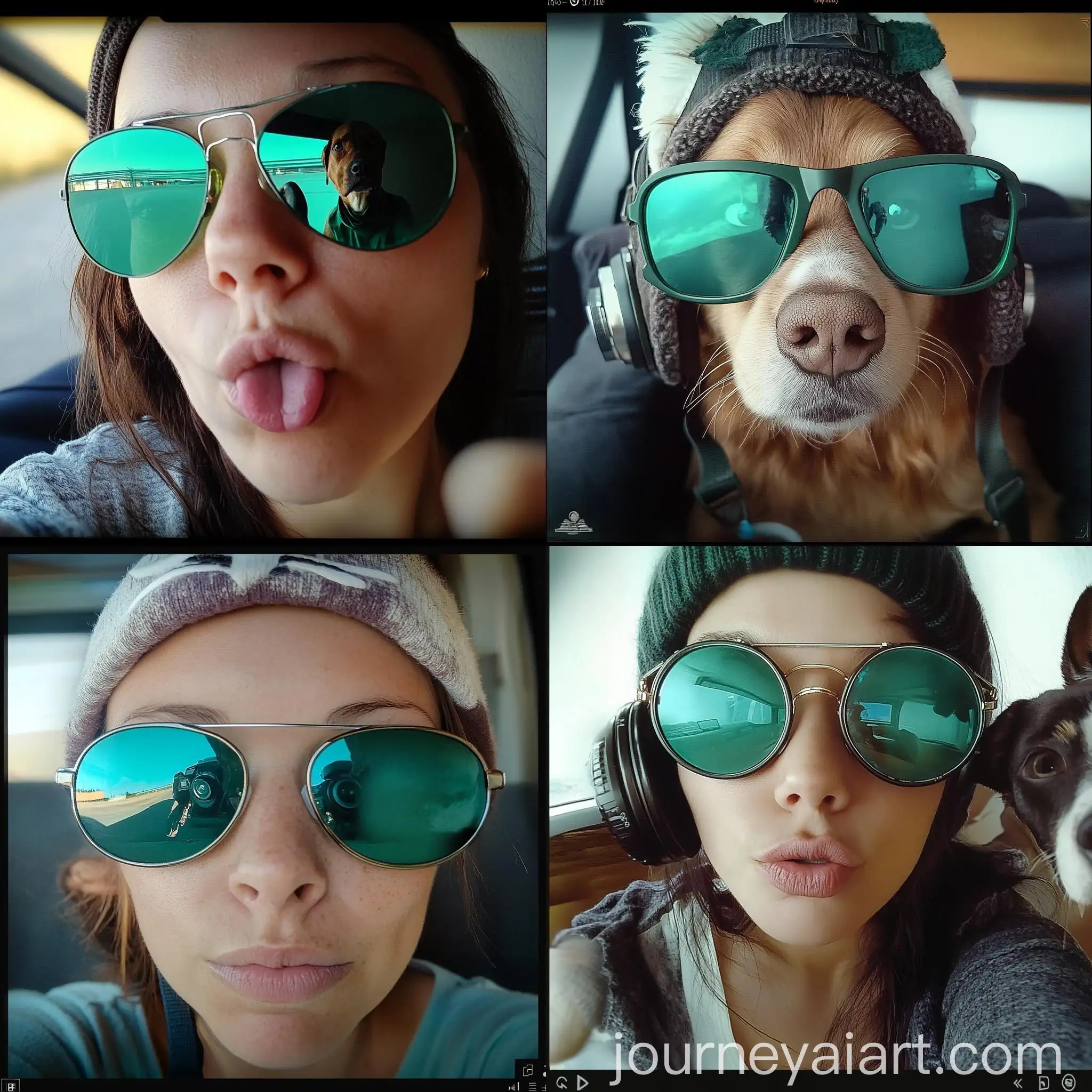 Woman-Wearing-Green-Tinted-Pilot-Glasses-Reflecting-a-Dog-Cameraman