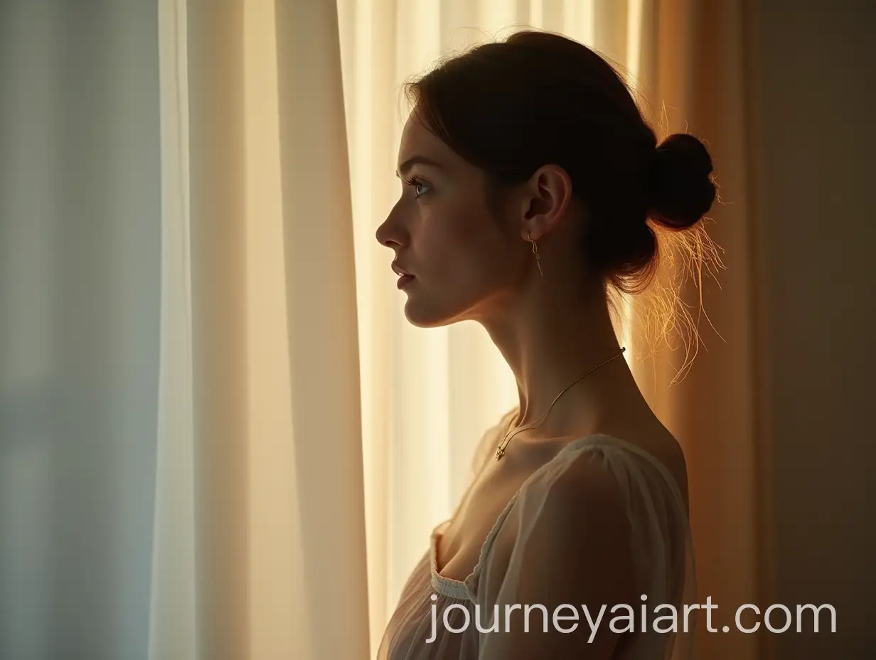 Young-Brunette-Woman-in-SemiTransparent-Dress-with-Light-Casting-on-Her-Back-and-Neck