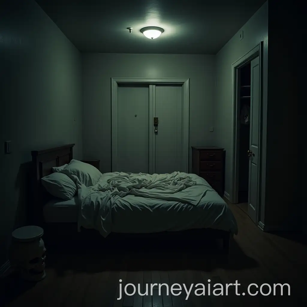 Dimly-Lit-Room-with-Messy-Bed-and-Skull-on-Stool