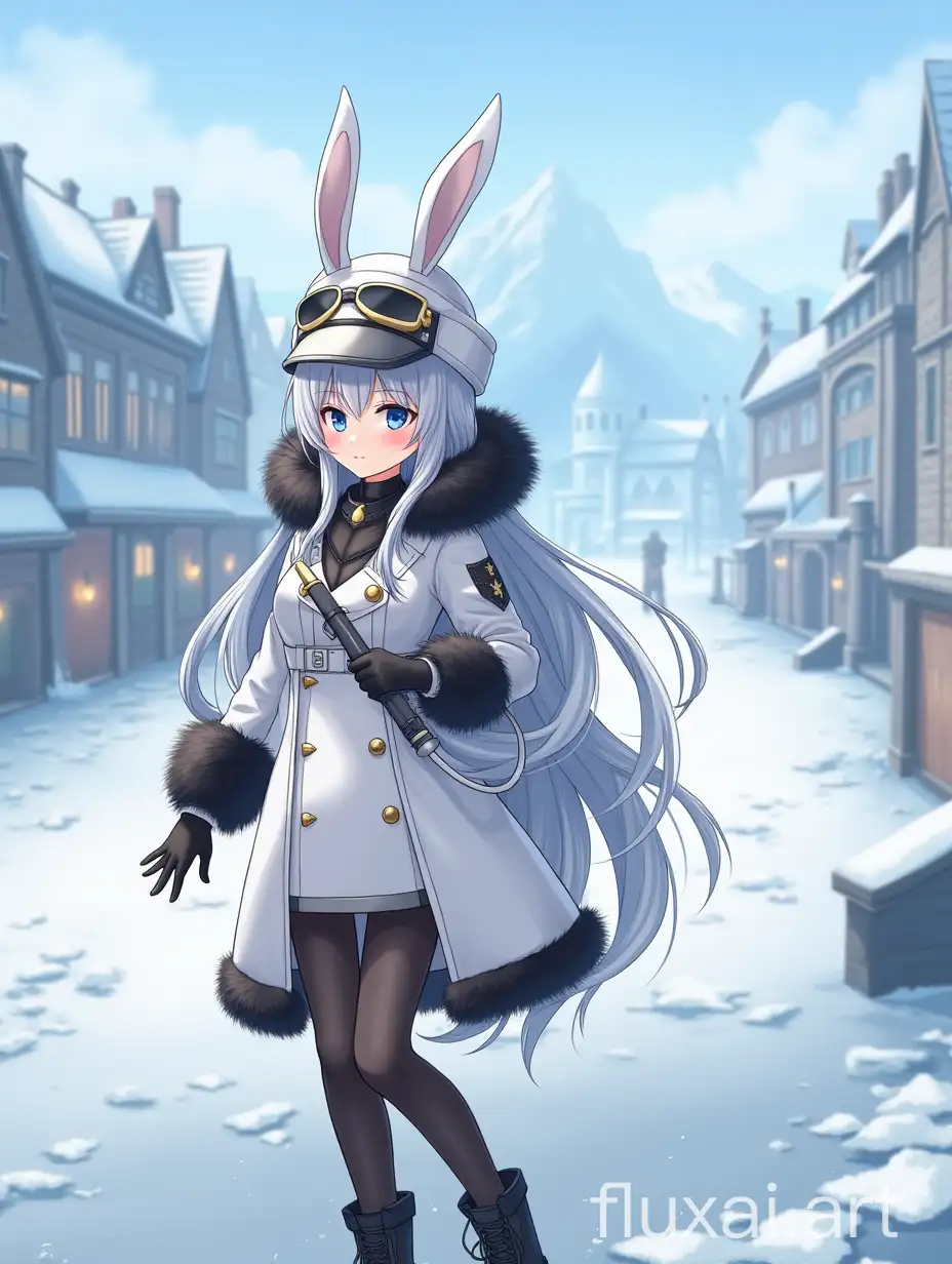 Anime style girl with long silver hair, blue eyes,bunny ears ,wearing white winter hat with black fur,in long white military winter coat with some black fur,in black stockings,with black gloves,black high boots, with a scabbard,in background there is a city square and further more icy mountain 