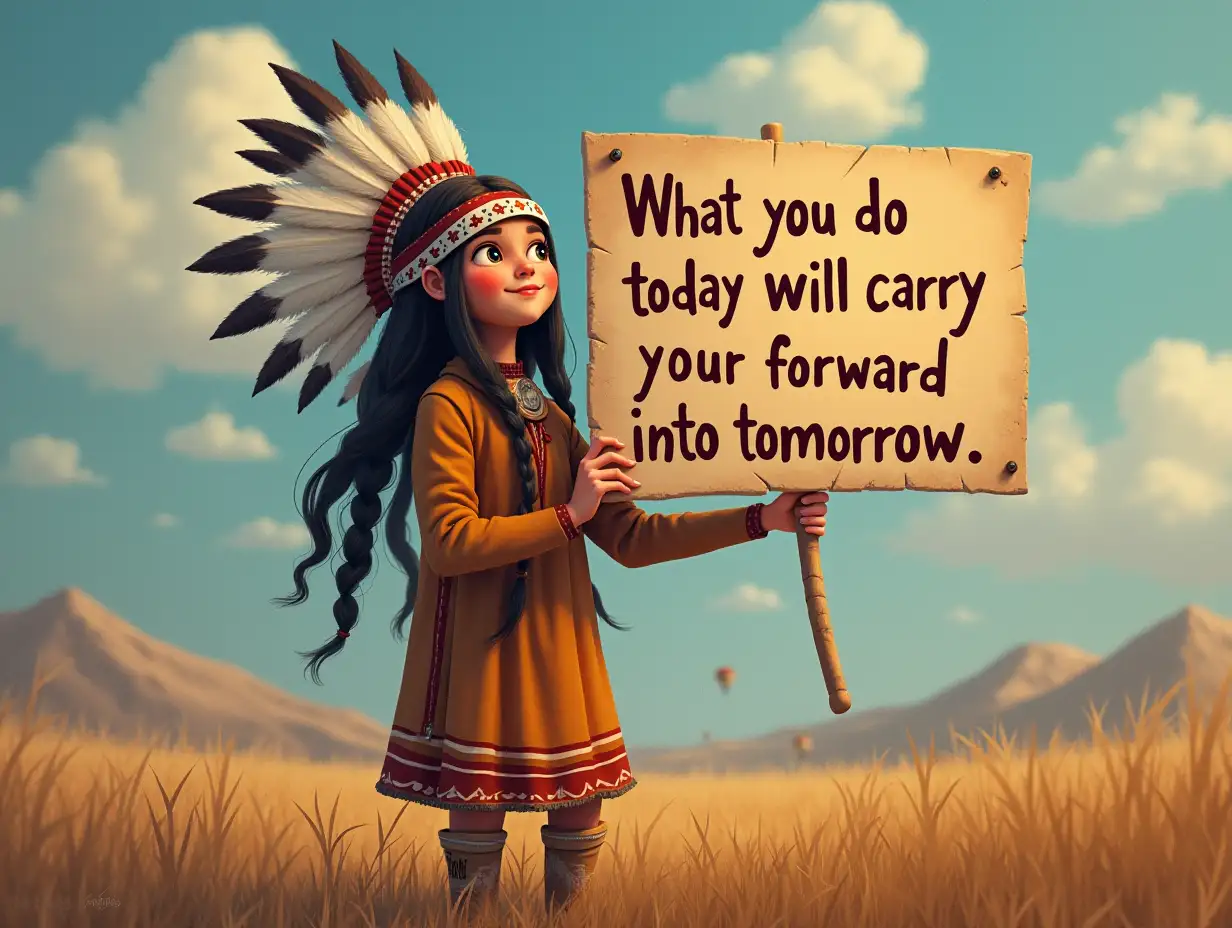 make a native american student holding a banner that states: 'What you do today will carry you forward into tomorrow.'