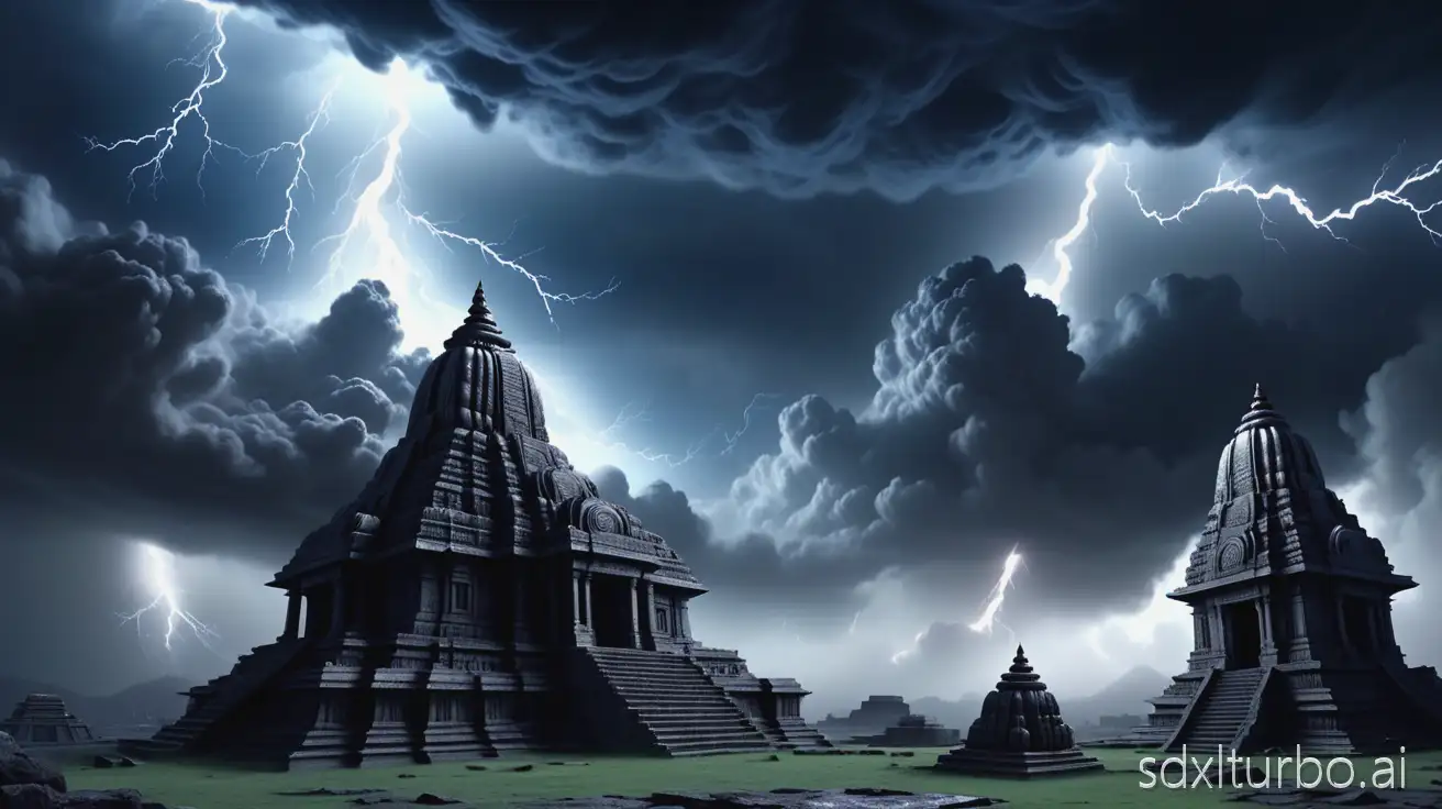 Ultra-HD 4K, hyper-realistic 3D cinematic wide shot of a stormy cosmic night sky, swirling midnight blue (#0a0f2c) and steel grey (#2a2a2a) clouds, electric white lightning (#e8f1ff) splitting the heavens, ancient Indian stone temples in silhouette, volumetric fog, wet reflective ground, extreme fine textures, dramatic god-ray backlighting, photorealistic depth of field.