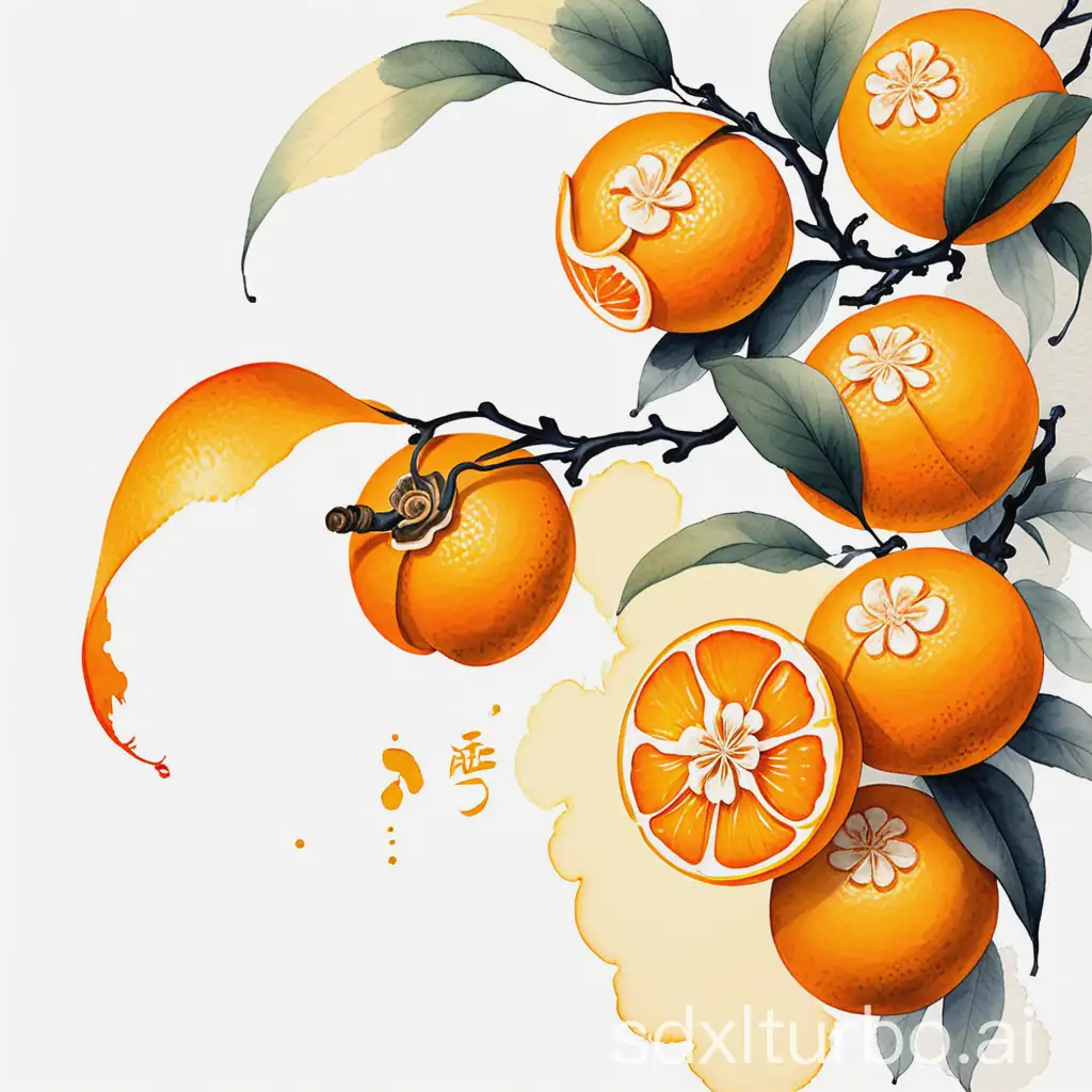 Orange peel, white background, high resolution, elegant and fresh, warm yellow light, delicate and soft, Chinese style, watercolor, ink painting (Chinese ink painting)